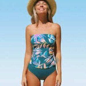 CUPSHE AQUA GREEN HALTER TIE & HIGH WAIST BOTTOM TANKINI SET SIZE LARGE NWT